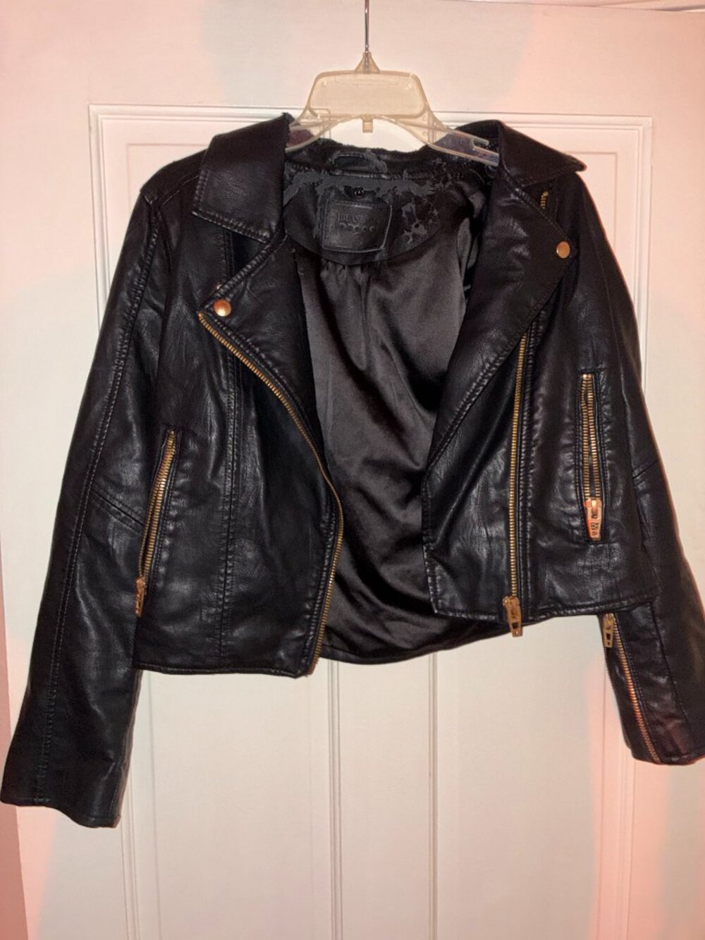 BLANKNYC Black Faux Leather Moto Jacket Gold Zippers Size S